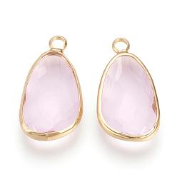 Pearl Pink Glass Pendants, with Brass Findings, Faceted, teardrop, Nickel Free, Raw(Unplated), Pearl Pink, 22x12x4mm, Hole: 2mm