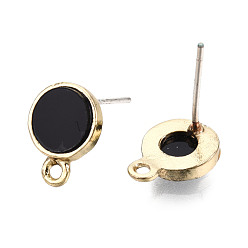 Black Alloy Stud Earring Findings, with Raw(Unplated) Pins & Imitation Leather & Horizontal Loops, Flat Round, Light Gold, Black, 11x8mm, Hole: 1.2mm, Pin: 0.8mm