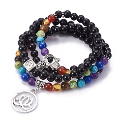 Obsidian Natural Obsidian Wrap Bracelets, Four Loops, Stretch, Chakra Style, with Metal Pendants, 27.5 inch(20cm)