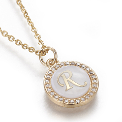 Letter R Brass Initial Pendant Necklaces, with Shell, Cubic Zirconia and 304 Stainless Steel Cable Chains, Flat Round with Letter, Letter.R, 17.5 inch(44.5cm), 1.5mm