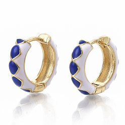 Blue Brass Huggie Hoop Earrings, with Two Tone Enamel, Real 18K Gold Plated, Rhombus Pattern, Blue, 15.5x16.5x5mm, Pin: 1x1mm