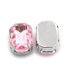 Pink Sew on Rhinestone, Imitation Taiwan Acrylic Rhinestone, with Platinum Tone Brass Prong Settings, Rectangle, Faceted, Pink, 14x10x6.5mm, Hole: 1mm