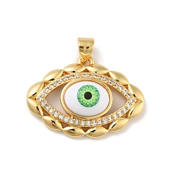 Green Brass Micro Pave Cubic Zirconia Pendants, with Acrylic, Cadmium Free & Lead Free, Long-Lasting Plated, Evil Eye, Real 18K Gold Plated, Green, 19.5x26x7mm, Hole: 4x3.5mm