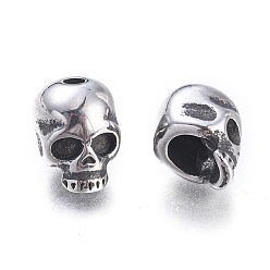 Antique Silver Halloween 304 Stainless Steel Beads, Skull Head, Antique Silver, 9x6x7mm, Hole: 1.5mm