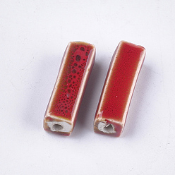 Rouge Perles en porcelaine manuelles, fantaisie porcelaine émaillée antique, cuboïde, rouge, 23~29x7~10x7~10mm, Trou: 2.5~3mm