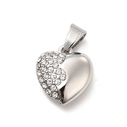 Stainless Steel Color 304 Stainless Steel Pendants, with Crystal Rhinestone, Heart Charms, Stainless Steel Color, 18.5x17x7.5mm, Hole: 7x4.5mm