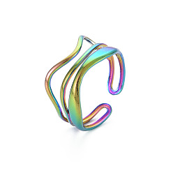 Rainbow Color Couleur arc-en-ciel 304 anneau de manchette ouvert à enroulement de fil ondulé en acier inoxydable pour femme, taille us 9 1/2 (19.3 mm)