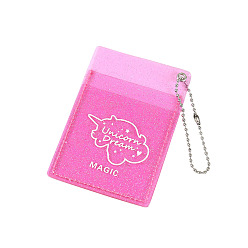 Rose Nacré 2-poche porte-clés en plastique à pochette photocarte scintillante, avec des chaînes de billes, rectangle avec motif licorne, perle rose, 98x67mm