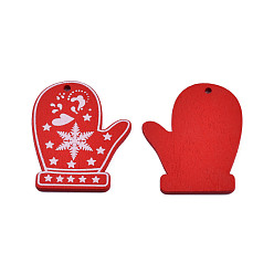 Rouge Gros pendentifs en bois peint à la bombe de noël, avec impression recto, bijou de gant avec motif flocon de neige, rouge, 52x42.5x2.5mm, Trou: 3mm
