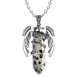 Dalmatian Jasper Natural Dalmatian Jasper Bullet with Dragon Pendant Necklace with Zinc Alloy Chains, 19.69 inch(50cm)