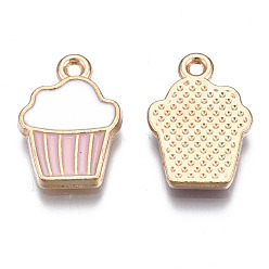 Pearl Pink Alloy Enamel Pendants, Cupcake, Light Gold, Pearl Pink, 16x11x2mm, Hole: 1.4mm