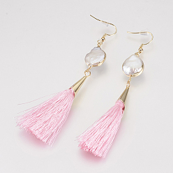 Pink Tassel Dangle Earrings, with Brass Findings and Pearl, Golden, Pink, 95~99mm, Pin: 0.8mm, Pendant: 54~56x7mm