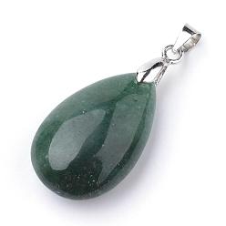 Зеленый Авантюрин Естественный зеленый драгоценный камень авантюрин подвески, со сплавочной фурнитурой, слеза, платина, 23~24x14x8 мм, отверстие : 4x5 мм