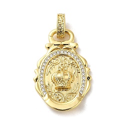 Real 18K Gold Plated Rack Plating Brass Micro Pave Cubic Zirconia with Sea shell Pendants, Cadmium Free & Lead Free, Oval with Crown, Real 18K Gold Plated, 31x21.5x5mm, Hole: 6x3.5mm