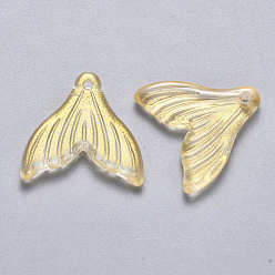 Gold Transparent Spray Painted Glass Pendants, with Glitter Powder, Fishtail Shape, Gold, 19x19.5x3.5mm, Hole: 1.2mm
