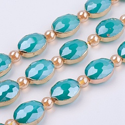 Dark Turquoise Opaque Glass Beads Strands, with Brass Findings, Pearl Luster Plated, Faceted, Oval, Golden, Dark Turquoise, 12x16x7.5mm, Hole: 1mm, about 10pcs/strand, 8.2 inch (21cm)