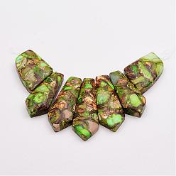 Yellow Green Assembled Bronzite and Imperial Jasper Beads Strands, Sagittate, Yellow Green, 19~44x15~27x6~7mm, Hole: 1.5mm, about 7pcs/strand, 3.74 inch(9.5cm)