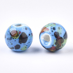 Deep Sky Blue Handmade Porcelain Beads, Fancy Antique Glazed Porcelain, Round, Deep Sky Blue, 10.5x9.5mm, Hole: 2.5mm