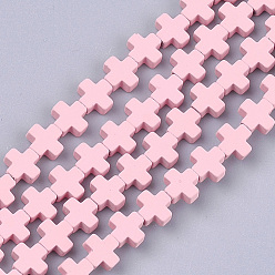 Pink Spray Painted Non-magnetic Synthetic Hematite Beads Strands, Cross, Pink, 6~6.5x6~6.5x2.5mm, Hole: 0.8mm, about 66~75pcs/strand, 16.5 inch~18.7 inch