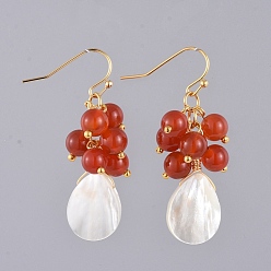 Carnelian Natural Red Agate/Carnelian Dangle Earrings, with Natural Spiral Shell Beads, Real 18K Gold Plated Brass Earring Hooks and Copper Wire, 43mm, Pin: 0.6mm