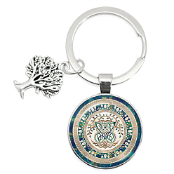 Teal Glass Keychains, Flat Round with Tree of Life Charms, 6.2cm