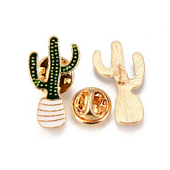 Dark Green Alloy Enamel Brooches, Enamel Pin, with Brass Butterfly Clutches, Cactus, Light Gold, Cadmium Free & Nickel Free & Lead Free, Dark Green, 25x14x2mm, Pin: 1mm