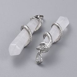 Quartz Crystal Natural Quartz Crystal Big Pointed Pendants, Rock Crystal, with Platinum Plated Brass Bails, Faceted, Bullet with Snake, 59~61.5x11~12x11~12mm, Hole: 5x8mm
