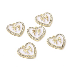 White Alloy Enamel Pendants, with Crystal Rhinestone, Cadmium Free & Lead Free, Light Gold, Heart with Bowknot, White, 20.5x20.5x3.5mm, Hole: 1.8mm
