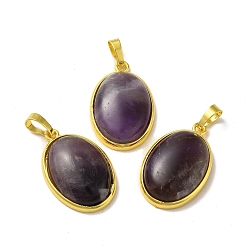 Amethyst Natural Amethyst Pendants, Oval Charms, with Rack Plating Golden Plated Brass Findings, Lead Free & Cadmium Free, 31x20x7.5~8mm, Hole: 7x5mm