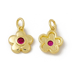 Deep Pink Rack Plating Brass Cubic Zirconia Charms, with Jump Ring, Real 18K Gold Plated, Long-Lasting Plated, Cadmium Free & Nickel Free & Lead Free, 5-Petal Flower Charm, Deep Pink, 12x10.5x2.5mm, Jump Ring: 5x0.9mm, Inner Diameter: 3.2mm