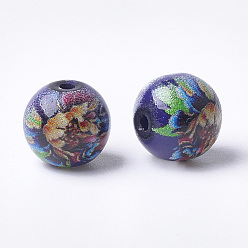 Синий Печатные и окрашенные стеклянные шарики, круглые с цветочным узором, синие, 10~10.5x9.5 мм, отверстие : 1.6 мм