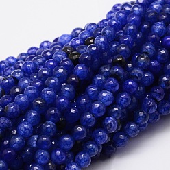 Blue Faceted Natural Agate Round Beads Strands, Dyed, Blue, 6mm, Hole: 1mm, about 64pcs/strand, 14.7 inch