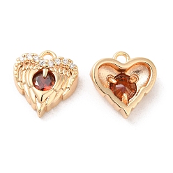 Orange Red Brass & Glass & Cubic Zirconia Charms, Heart Wing Charm, Real 18K Gold Plated, Orange Red, 11x10.5x4mm, Hole: 1.2mm