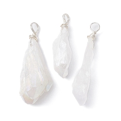 White Electroplated Natural Quartz Crystal Dyed Pendants, Teardrop Charms with Silver Color Plated Copper Wire Loops, White, 30~38x9.5~15x7~11mm, Hole: 4mm