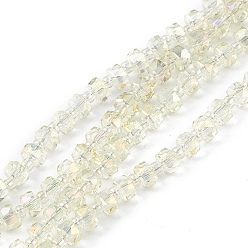 Champagne Yellow Transparent Electroplate Glass Beads Strands, Faceted, Rondelle, Full Rainbow Plated, Champagne Yellow, 5.5x3.5~4mm, Hole: 1mm, about 100pcs/strand, 21.65~22.05 inch(55~56cm)