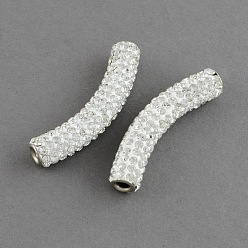 Crystal Polymer Clay Grade A Rhinestone Curved Tube Beads, Curved Tube Noodle Beads, with Double Brass Platinum Color Core, Crystal, 46x9mm, Hole: 3.5mm