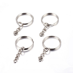 Platinum Iron Split Key Rings, with Curb Chains, Keychain Clasp Findings, Platinum, 25x2mm