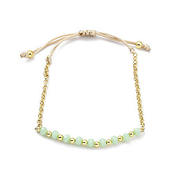 Pale Green Adjustable Glass Beaded & Brass Chains Link Bracelet for Women, Pale Green, Inner Diameter: 1-3/4~3 inch(4.5~7.6cm)