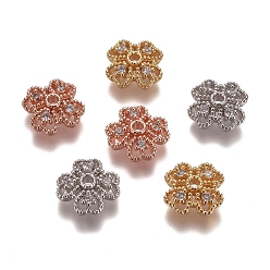 Mixed Color 4-Petal Brass Micro Pave Clear Cubic Zirconia Bead Caps, Clover, Mixed Color, 10x3.5mm, Hole: 1.4mm