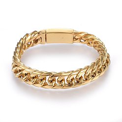 Golden 304 Stainless Steel Curb Chains Bracelets, with Box Clasps, Faceted, Golden, 8-5/8 inch(22cm), 13x6mm