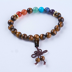 Œil De Tigre Chakra bijoux, bracelets de perles mala naturelles avec pierres précieuses et oeil de tigre, avec du caoutchouc et des alliages, or, 2 pouces (50 mm)