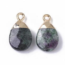 Ruby in Zoisite Natural Ruby in Zoisite Pendants, with Top Golden Plated Iron Loops, Teardrop, Faceted, 17~19x10x5mm, Hole: 1.8mm