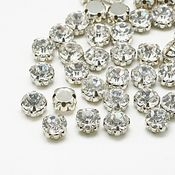 Cristal Cose en el rhinestone, diamantes de imitación de cristal, perlas montee, con ajustes de puntas de latón, accesorios de prendas de vestir, plano y redondo, Platino, cristal, 8x6 mm, agujero: 1 mm, sobre 144pcs / bruto