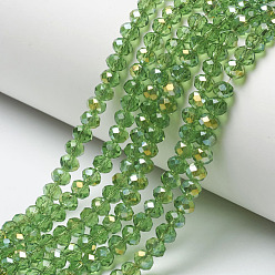 Зеленый лайм Гальванизируйте прозрачное стекло бисер нитей, с половиным покрытием цвета радуги, граненые, рондель, зеленый лайм, 4x3 мм, отверстие : 0.4 мм, около 123~127 шт / нитка, 16.5~16.9 дюйм (42~43 см)