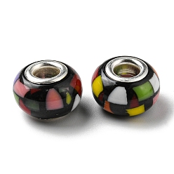 Noir Perles européennes en résine de style bohème, Perles avec un grand trou   , rondelle, noyau de couleur platine, noir, 14x9.5mm, Trou: 4.8mm
