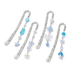 Antique Silver Tibetan Style Alloy Hook Bookmarks, Acrylic Pendant Bookmark, Butterfly/Flower/Star, Antique Silver, 124x20.5x3mm, 4pcs/set