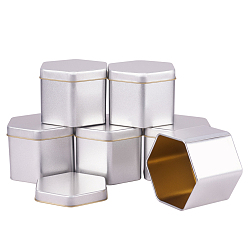 Platinum Iron Tins Cans, Storage Box Containers, with Lid, Hexagon, Platinum, 7.6x6.9x5.6cm, 6pcs/box