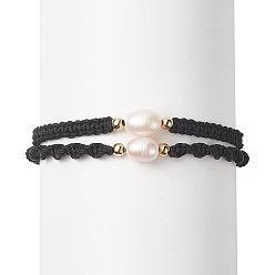 Black 2Pcs 2 Style Natural Pearl Braided Bead Bracelets Set with Nylon Cord for Women, Black, 2 inch(5cm)~2-1/4 inch(5.6cm), 1Pc/style