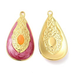 Pale Violet Red Enamel Pendants, with 304 Stainless Steel Finding and Arcylic Cabochons, Real 18K Gold Plated, Teardrop Charm, Pale Violet Red, 34.5x18x6mm, Hole: 2mm