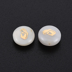Seashell Color Natural Freshwater Shell Beads, with Golden Plated Brass Metal Embellishments, Flat Round with Woman, Seashell Color, 8x3.5mm, Hole: 0.7mm